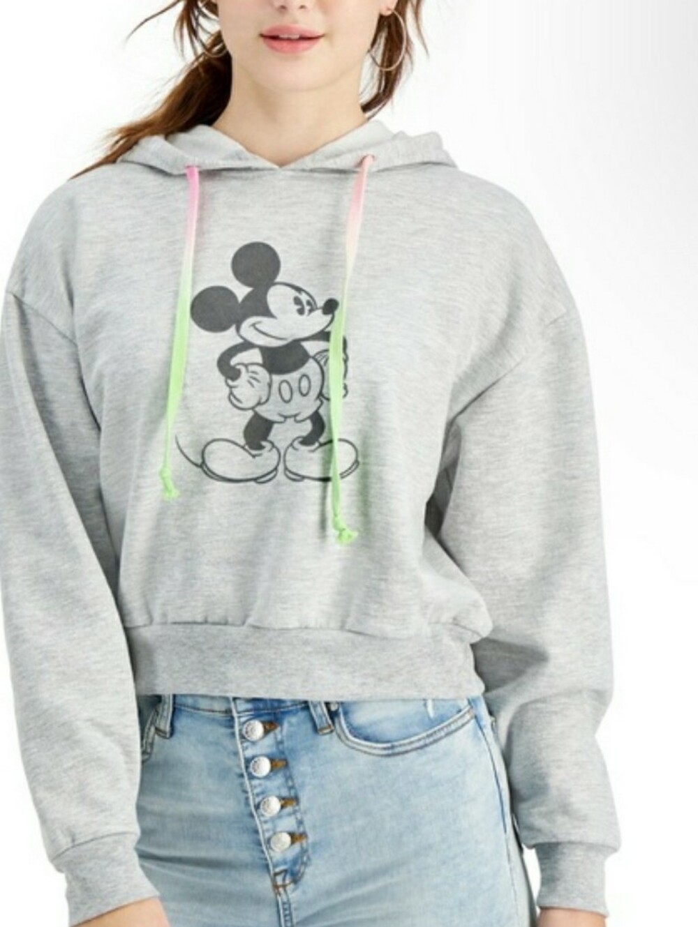 New Disney Gray Mickey Mouse Cropped Hoodie with Neon Drawstrings NWT